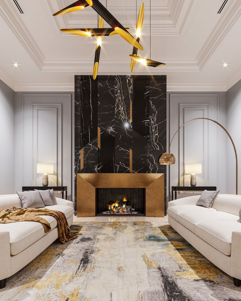 elegant room with two modern sofas, a cozy fireplace and stunning suspension lamps