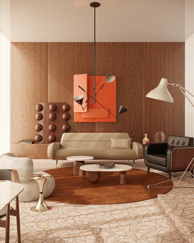 mid-century living room in warm tones