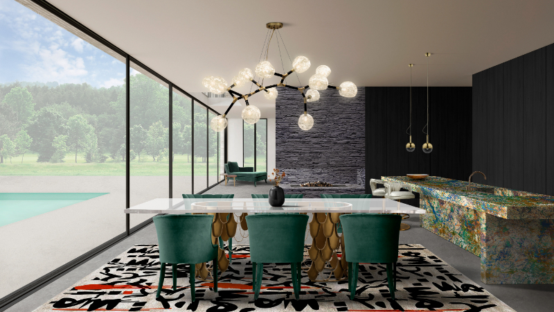 A contemporary dining room with the predominace of green, blue and gold colors.