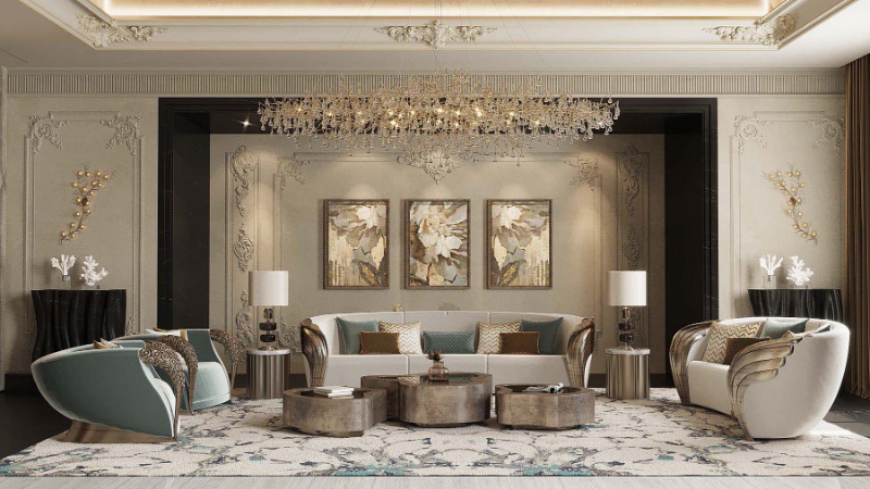 high end living room by olsen & partners with silver center table dubai interior design