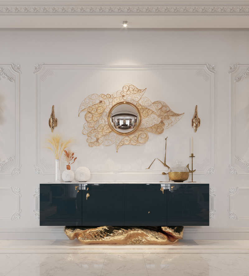 golden filigree mirror and black sideboard boca do lobo luxury furniture