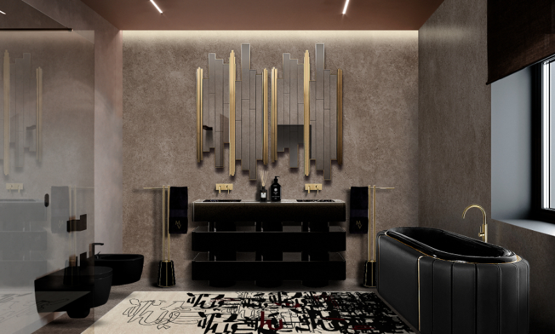 elegant bathroom with black furniture and gold details