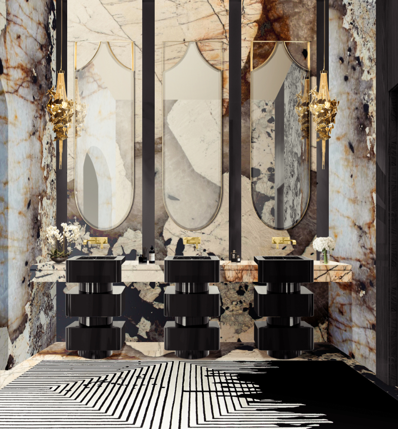 luxury bathroom with a unique marble wall
