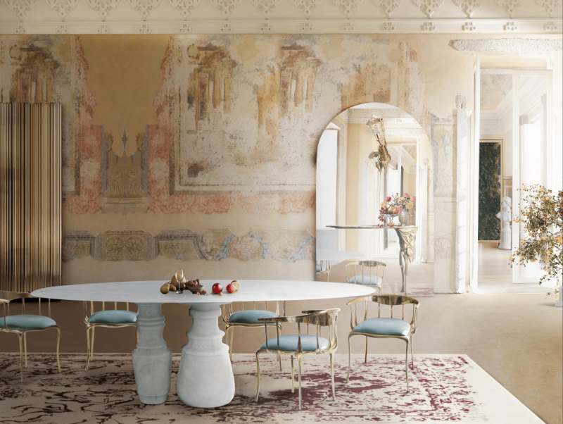 classy dining room with a marble dining table and a gold and blue chair