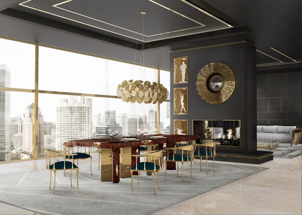luxury dining room with empire dining table and gold dining chairs and golden chandelier