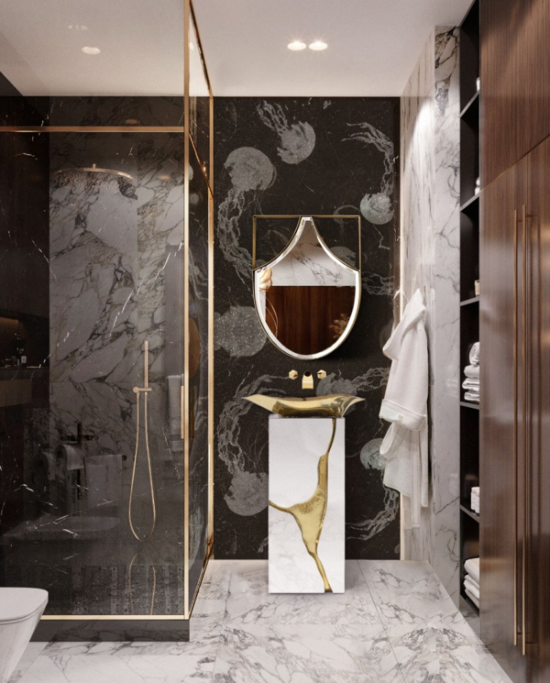 a luxury black marble wall with a white and gold freestanding