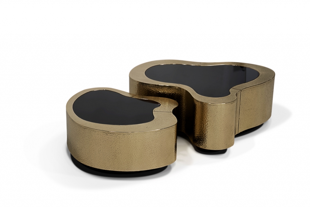 luxury furniture pieces - a set of two center tables made in wood finished with manually hammered copper, with a curvilinear top made from black mirror