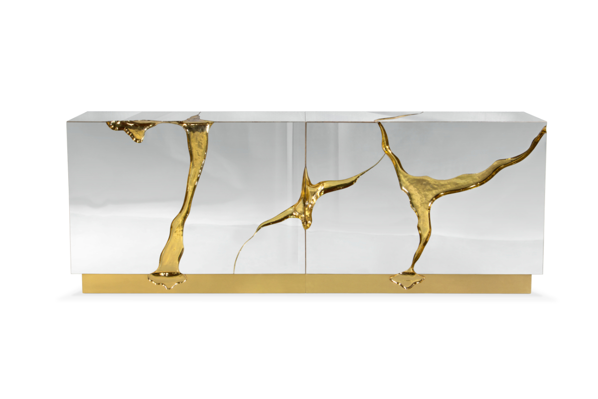 luxury furniture pieces - sideboard made with Polished Stainless steel with casted brass details exteriors
