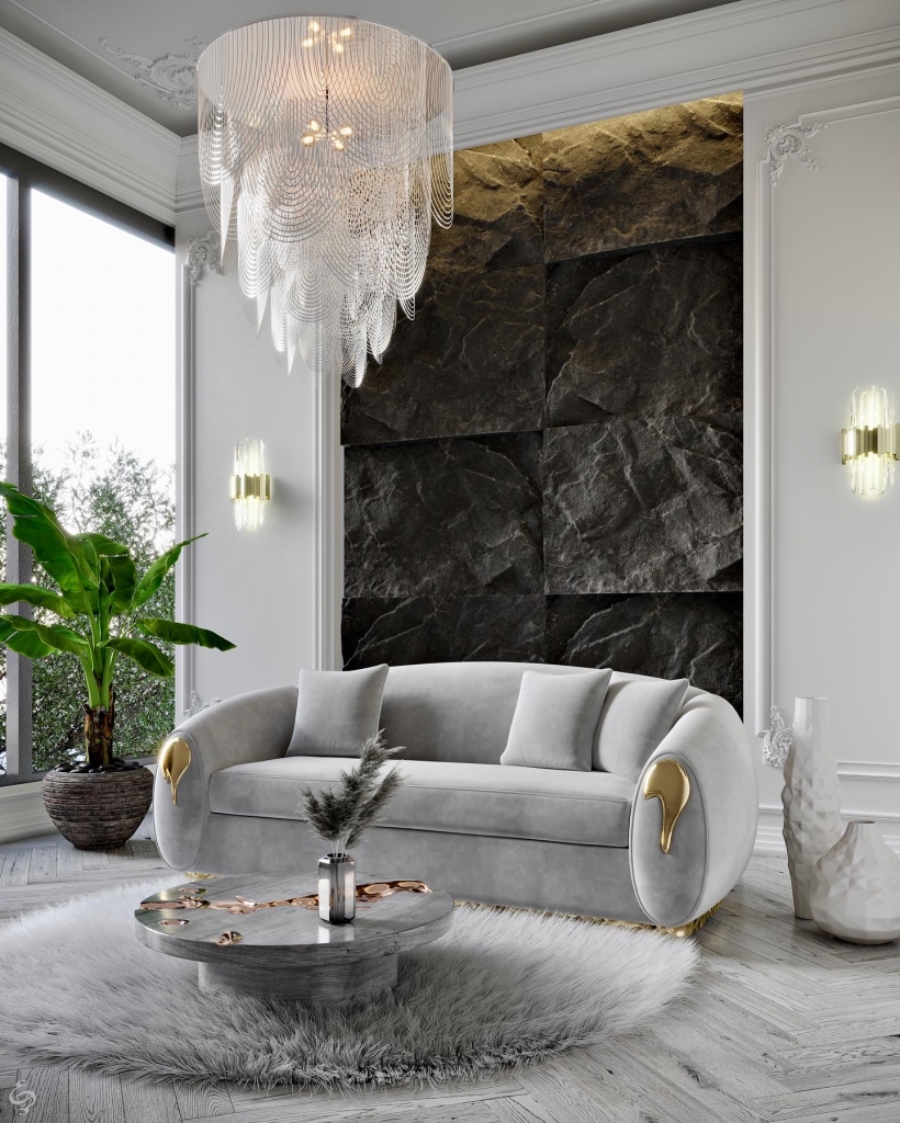 grey tones in a modern living room design with a curved sofa and a grey round marble center table
