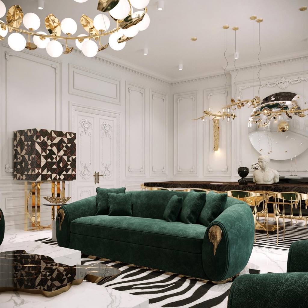 luxury living room with a modern suspension lamp, a green sofa and armchair, gold dining chair and a contemporary cabinet for your living room