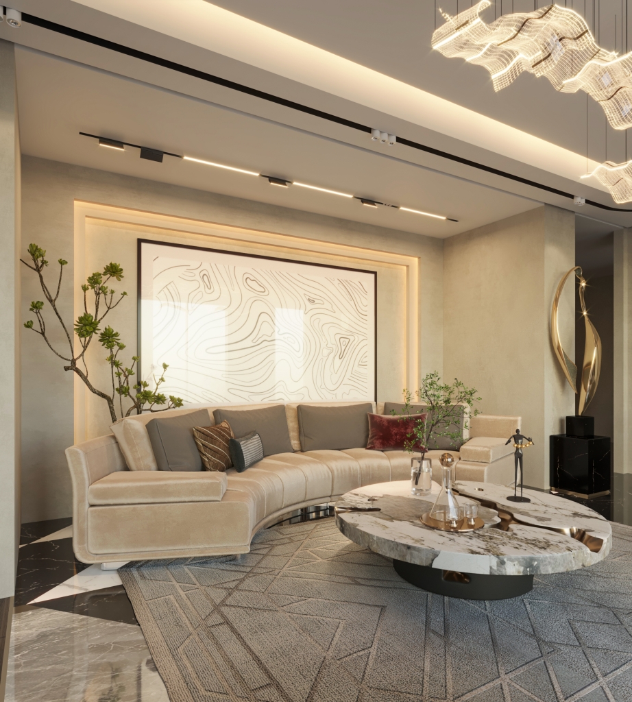 bright modern living room design with a white and black marble center table