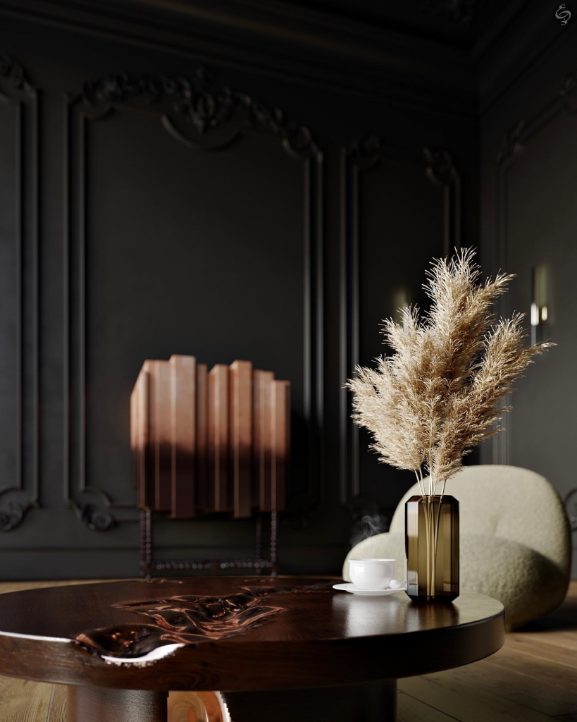 dark living room design with a wood center table, and red and pink cabinet