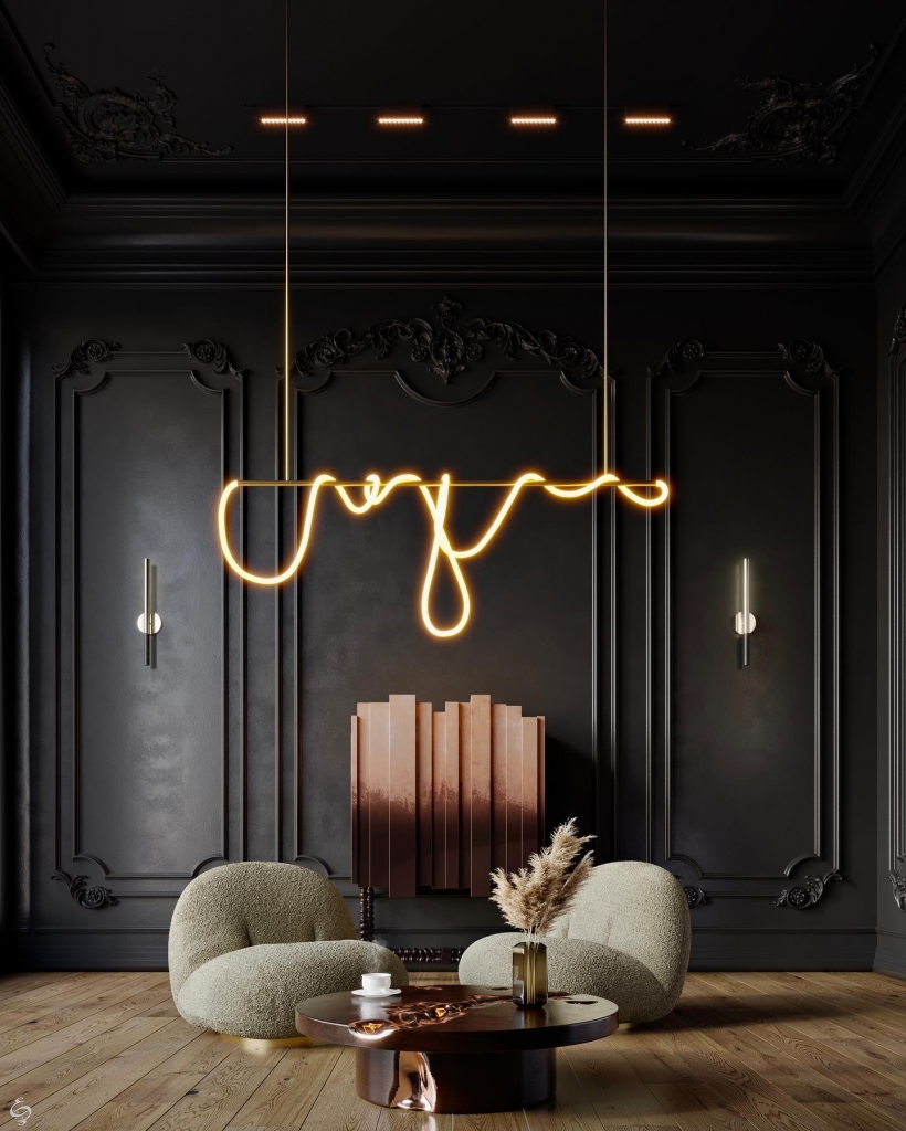 dark living room design with a wood center table, and red and pink cabinet