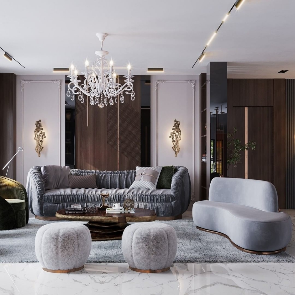glamorous living room design woith a wood center table, grey sofa