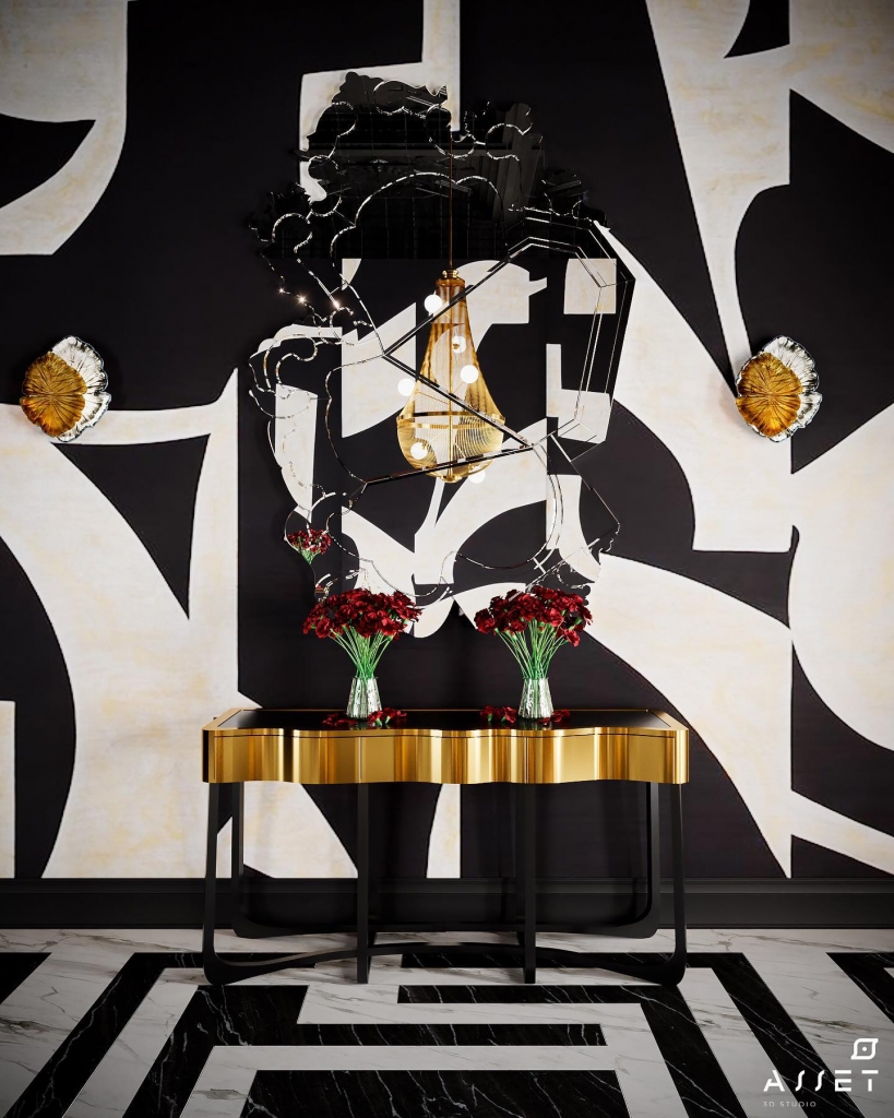 black and white living room with a gold console