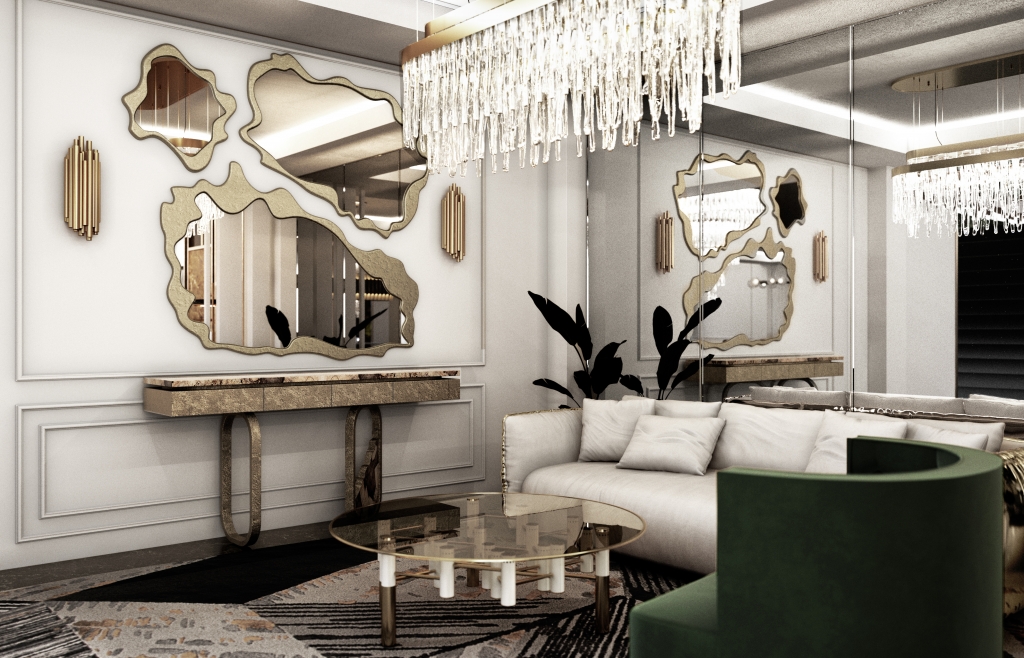 Cannes - grey sofa with golden details, a set of three pieces mirror, a round center table and a green armchair