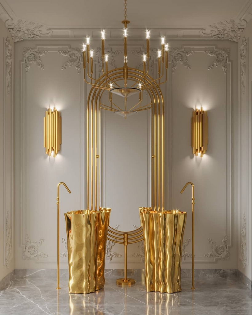 bathroom - luxury golden design with golden freestanding, golden wall lamps and golden mirror design