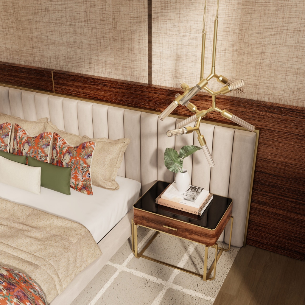 premium designs - luxury bedroom with a nude headboard and a wood and golden nightstand