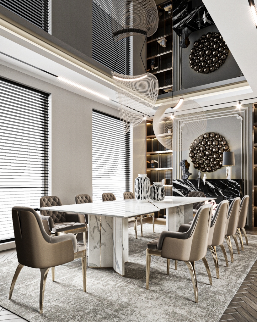 Sharjah - luxury dining room with grey dining chairs, marble dining table, marble fireplace with a exquisite mirror and a different mirror