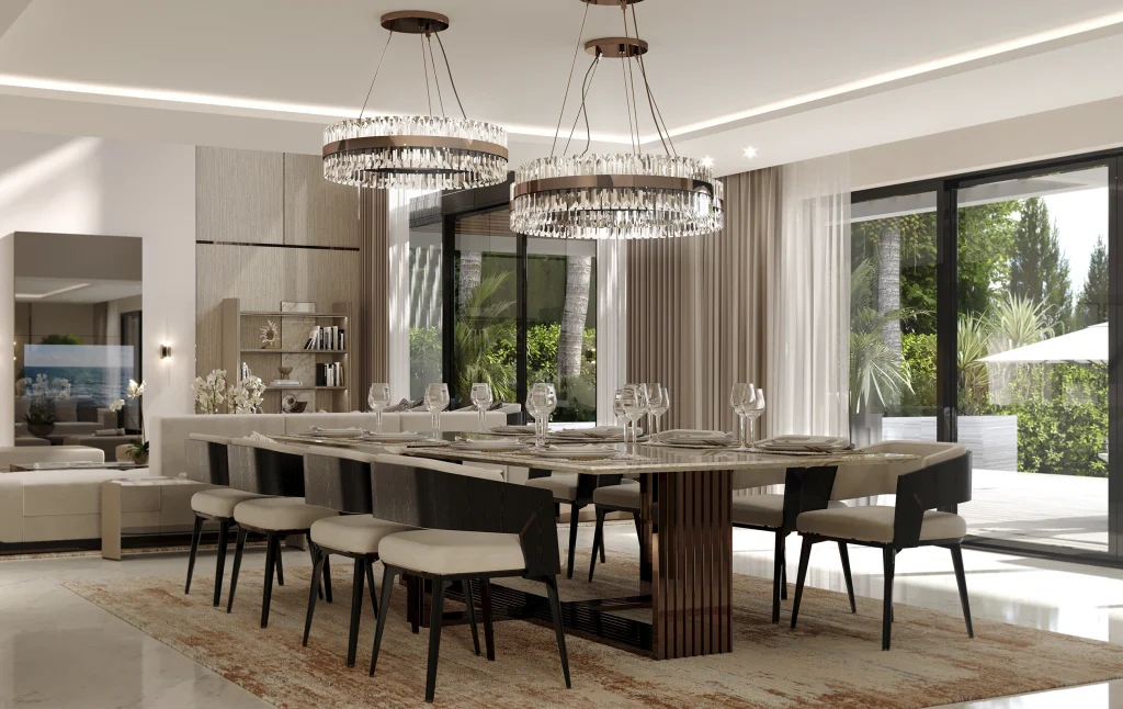dining chair - luxury dining room with a dining table nude and brown, two luxury chandeliers