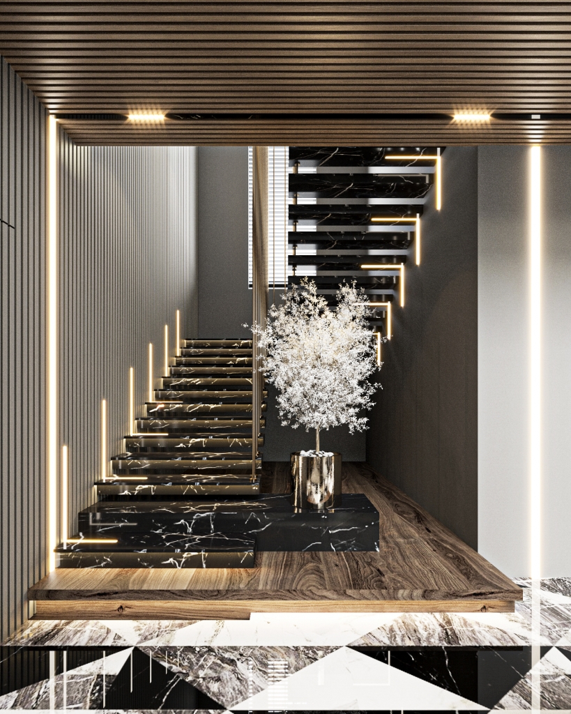 Sharjah - luxury hallway with marble stairs and a white plant, wood details