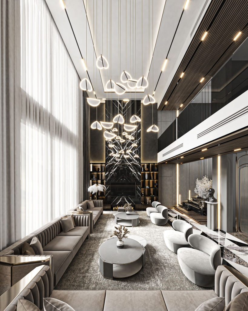 Sharjah - luxury living room with four grey armchairs, three nude sofas, wood and golden details