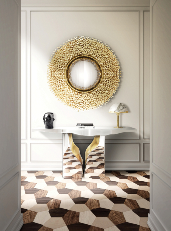 furniture pieces - beautiful entryway with a mirrored console with golden details and a golden mirror design