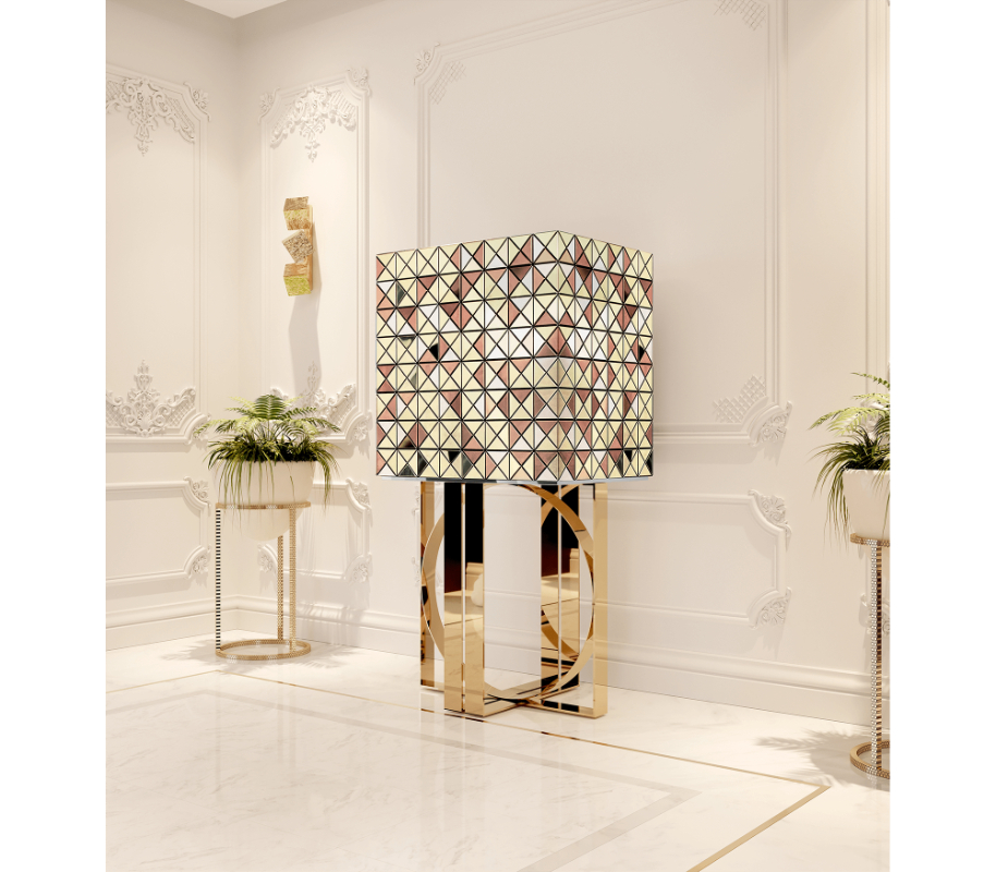 eccentric - luxury colourful cabinet with golden legs, two plants and a golden sconce