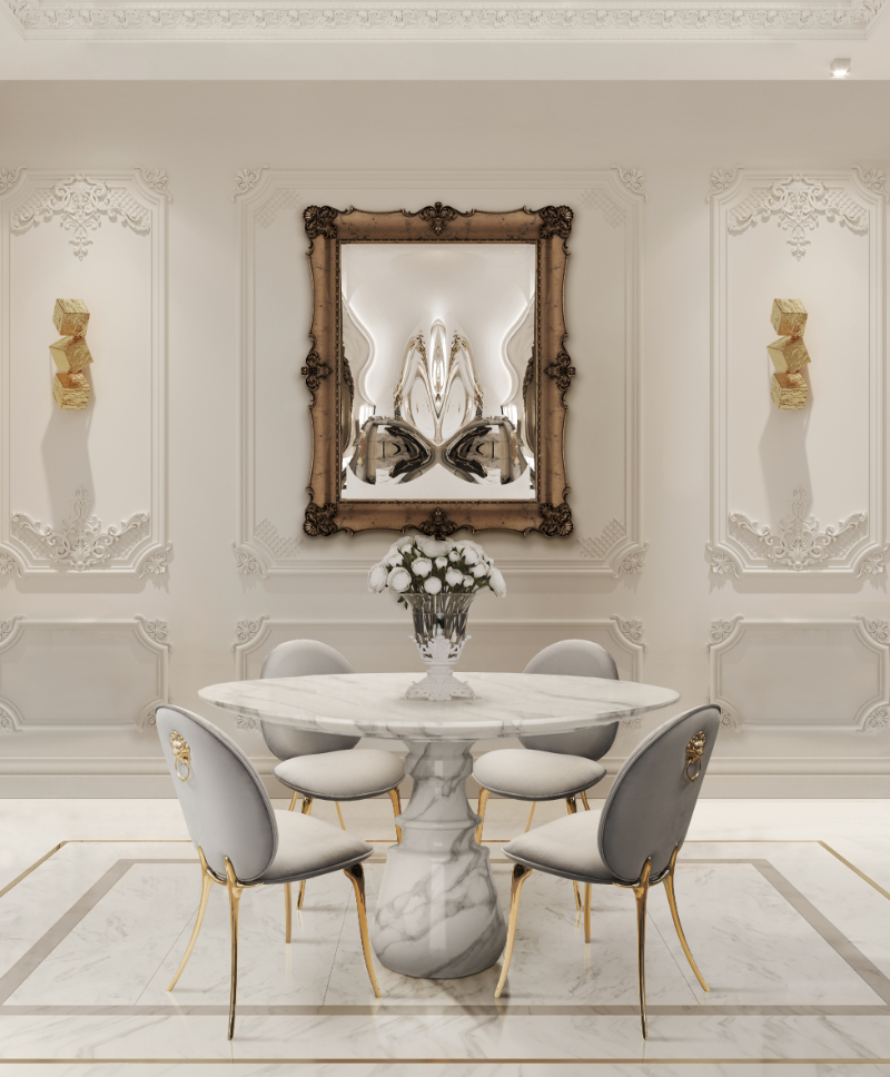 Pietra Round Estremoz Dining Table in a luxury dining room marble furniture dubai رخام