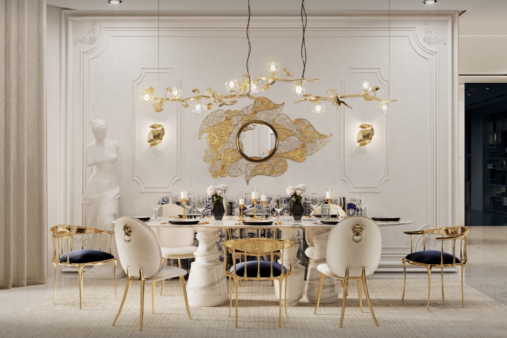 Unique Dining Room Projects in the Middle East with Pietra Dining Table, Filigree Mirror and Heritage Sideboard