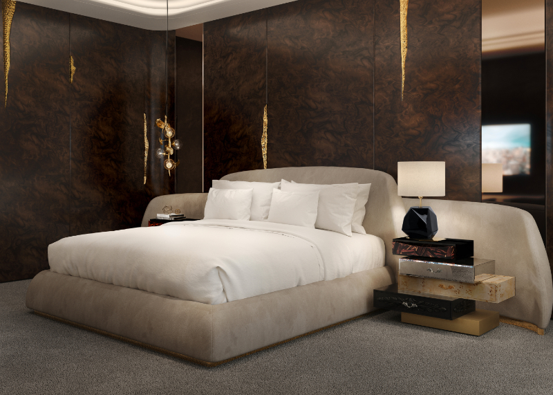 luxury bedrooms - brown walls with gold details, beige bed, gold pendant lamp