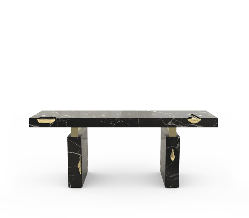 sources unlimited - desk composed of a rectangular marble top and two rectangular marble legs with polished brass gold details