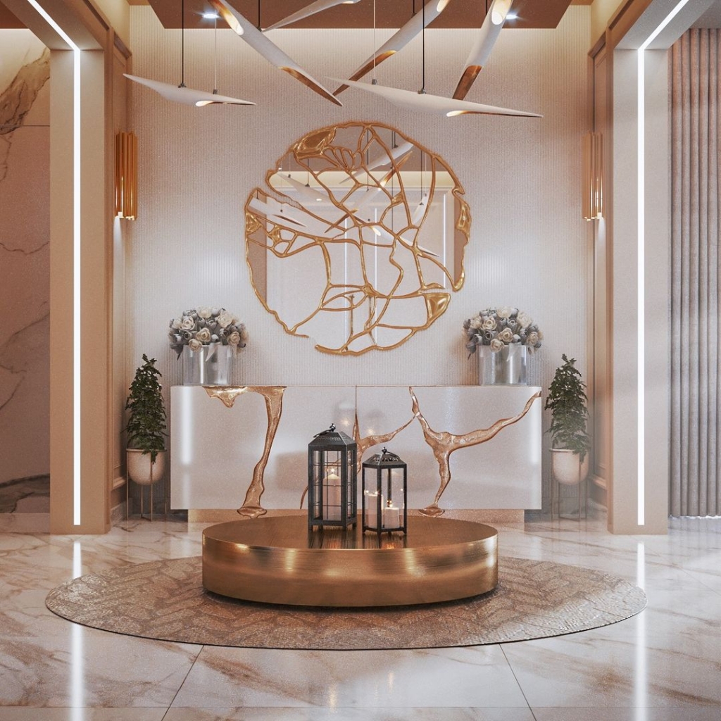 entryway in rose gold  tone and a ready to go sideboard in white and gold