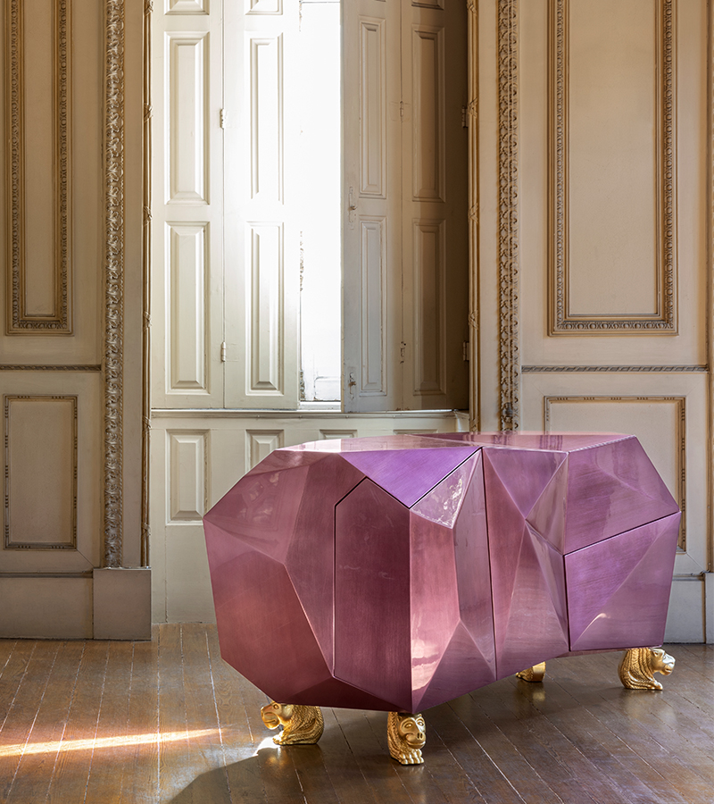 Contemporary luxury sideboard with sculptural faceted surfaces inspired by amethyst tones, handcrafted by Boca do Lobo for sophisticated interiors.
