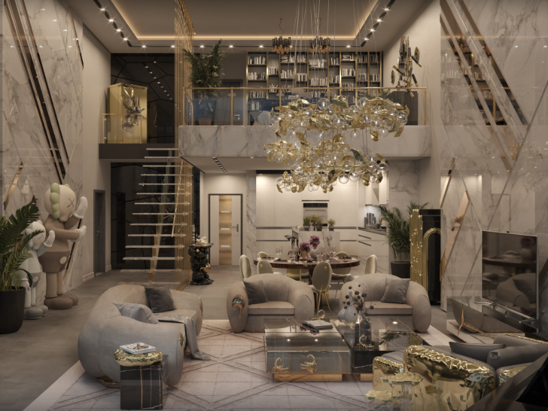 Open Concept Living Room in Dubai With the Metamorphosis Center Table and the Soleil Arrmchair