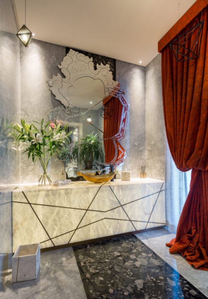 Bathroom Design by Nikki Bisiker Interior Design with Venice Mirror by Boca do Lobo Contemporary Designs