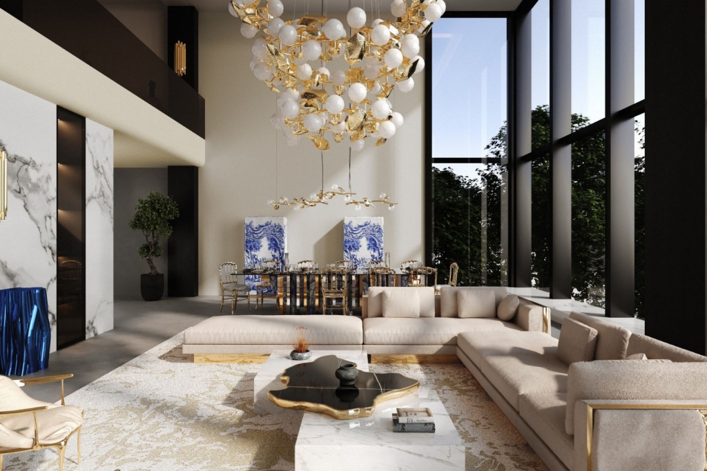 50 luxury center tables - living room with nude sofas, a marble center table, a gold suspension lamp in the back a handpainted dining tables and two handpainted cabinets