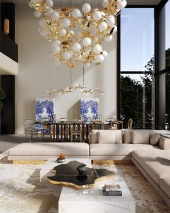 50 luxury center tables - living room with nude sofas, a marble center table, a gold suspension lamp in the back a handpainted dining tables and two handpainted cabinets