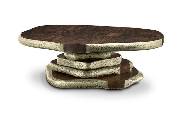 50 luxury center tables - Structure in walnut root veneer, aged hammered brass and matte finish