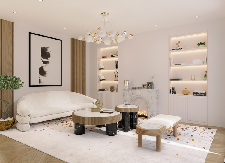 50 luxury center tables - living room with cream sofa, a center table made with wood with a white marble top and black marble legs