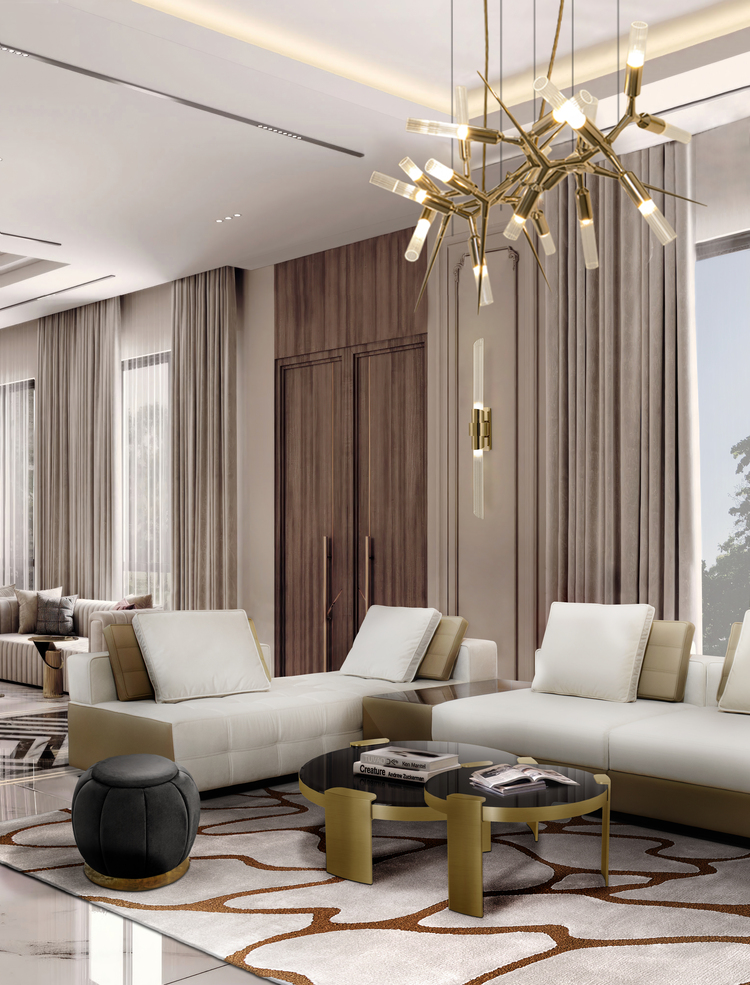 50 luxury center tables - living room with nude sofa, two round center tables and gold suspension lamp