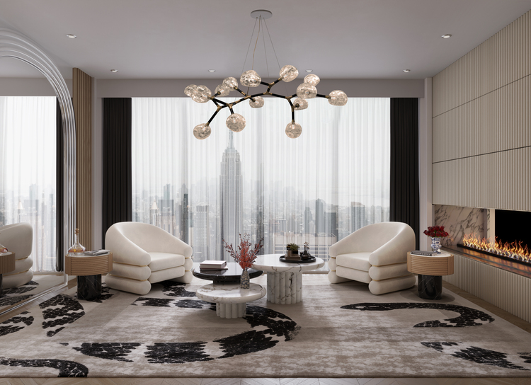 50 luxury center tables - living room with two cream armchairs, a suspension lamp, between the armchairs a set of three center tables two in white marble and one in black marble