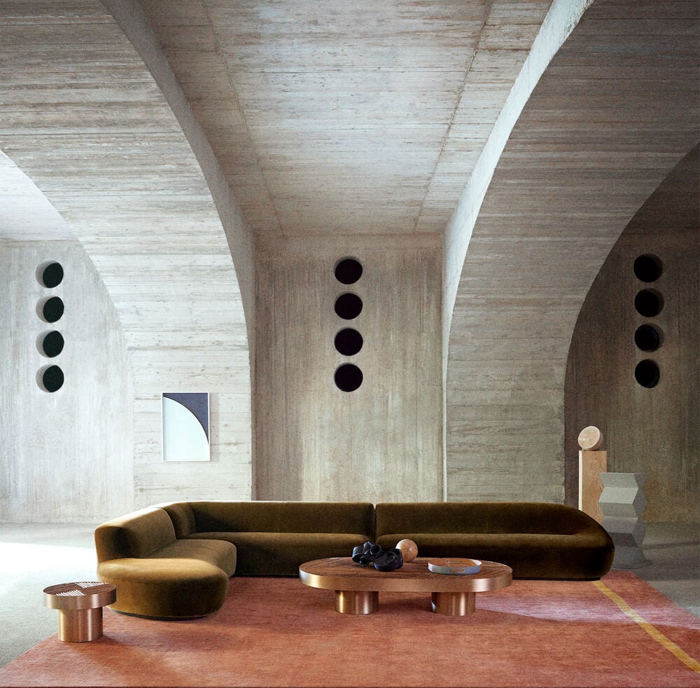 50 luxury center tables - living room with dark colour sofa a wooded round side tambe and a long oval center table