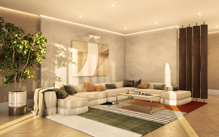 50 luxury center table - living room with l-shape sofa  in bege and a gold center table