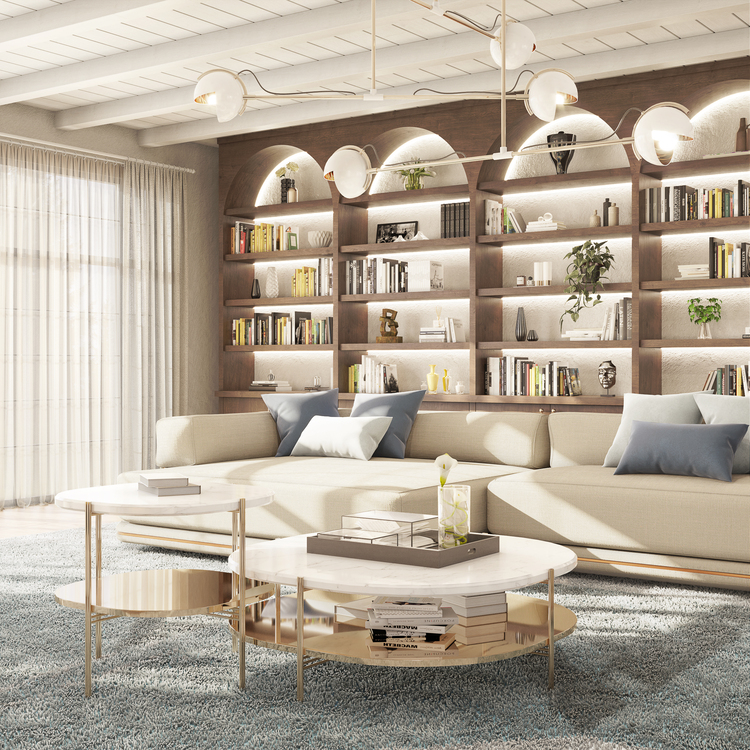 50 luxury center table - living room with bege sofa and two round center tables with different heights