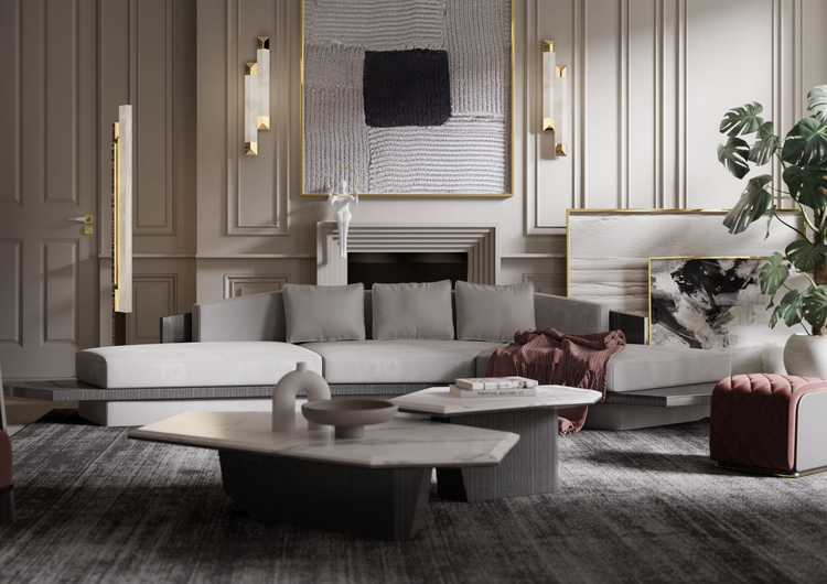 50 luxury coffee tables - living room with dark grey sofa, opposite two coffee tables of different heights also in grey with marble tops