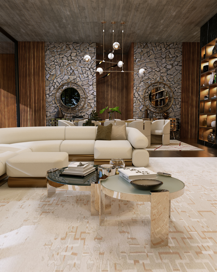 50 luxury center tables - living room with nude sofa, two round center tables