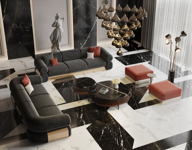 50 luxury center table - living room with two sofas in dark colour with gold detail and a set of two round center tables