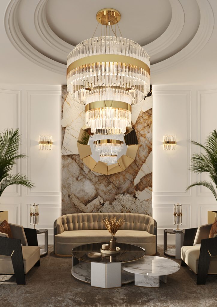 50 luxury center table - living room with green sofa and two green armchairs a gold chandelier and a set two marble center tables
