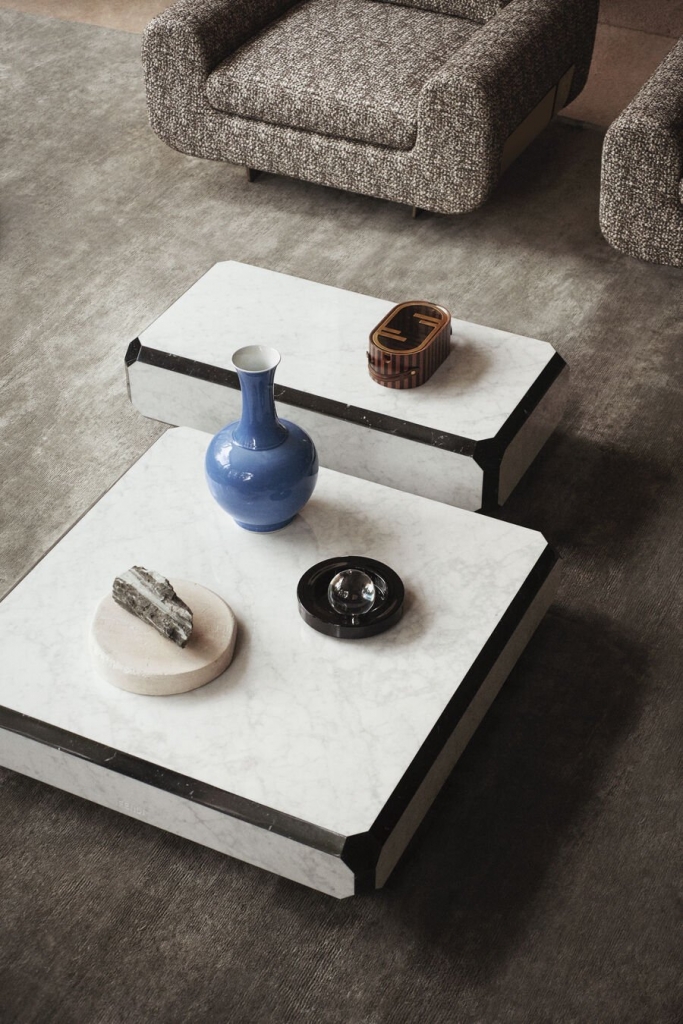 50 luxury center tables - two grey armchairs and two center tables with white marble one rectangular and one square